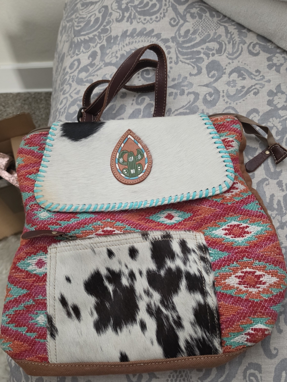 Myra Boho Aztec Pattern Backpack.  with Cowhide Accent - Multicolor